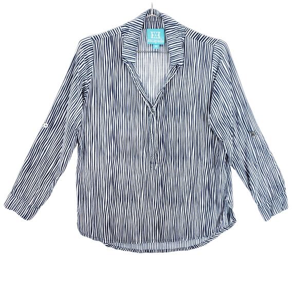 Escapada Shirt Womens Medium Blue White Striped Roll Tab Sleeve Popover Top - Picture 1 of 8